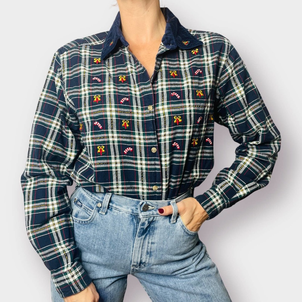 90s Bobbie Brooks Navy Plaid Holiday Button Up Top